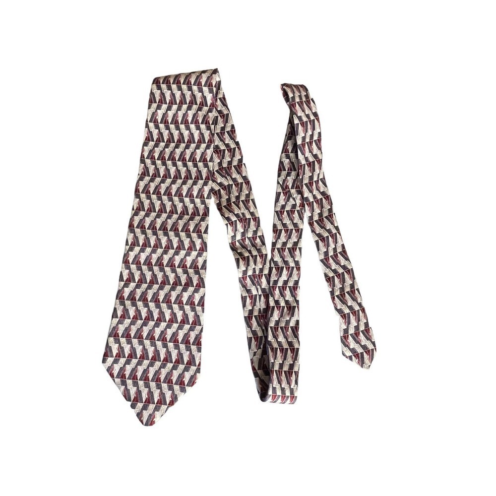 Hathaway Men's Necktie 57X4 inches‎ Maroon Silver Ivory Geo Print Silk New